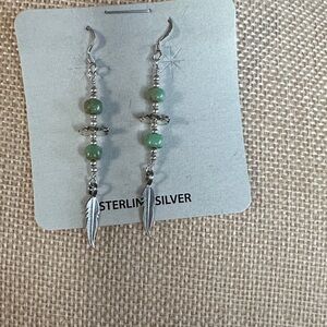 Sterling Silver Feather Earrings with  Green Turquoise Beads